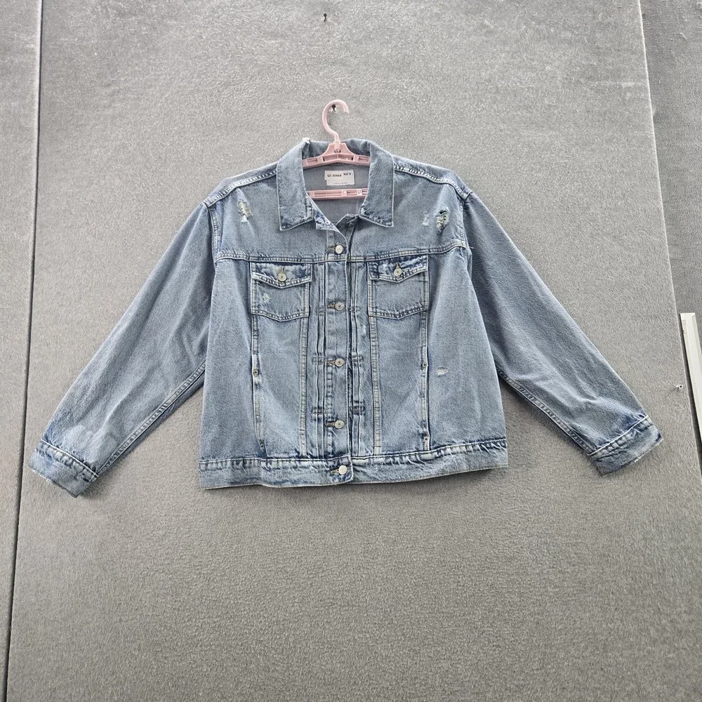 Old Navy Women Jacket XXL‎ Light Blue Denim Trucker Jacket Distressed Button